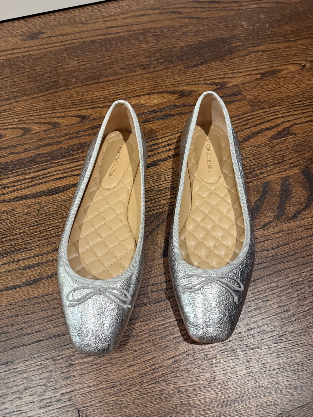 Veronica Beard Silver Metallic Ballet Flats with Bow Detail